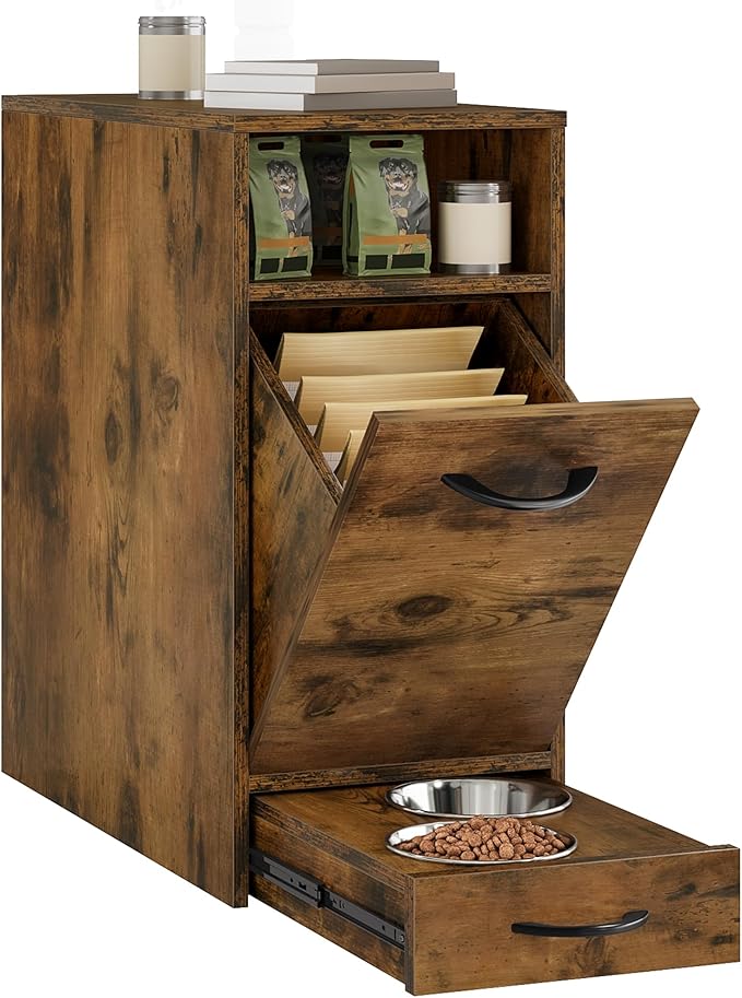 DWVO Dog Feeding Station with Storage, Dog Food Cabinet with 2 Feeder Bowls, Pull Out Elevated Dogs Bowl, Rustic Brown