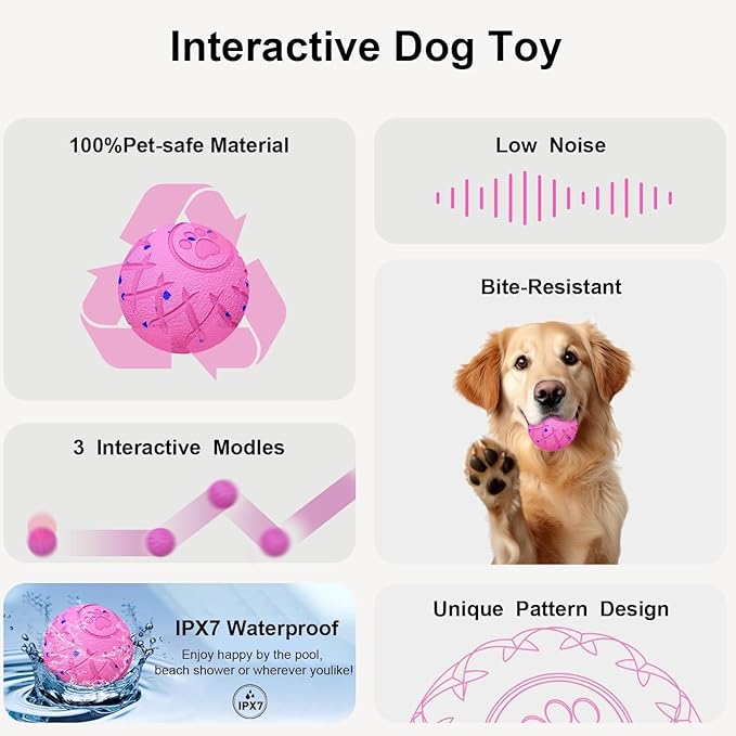 Interactive Dog Ball, Automatic Moving, Bouncing and Rotating, Silent Foam Material, IP54 Waterproof Rating, Smart Active Rolling, Stimulation Toys for Medium and to Keep Them Busy (Pink)