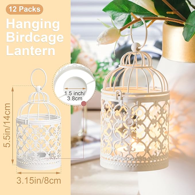 12 Pack Small Metal Tealight Hanging Birdcage Lantern Vintage Decorative Centerpieces Table Top Candle Holder Candle Lantern for Wedding Gifts Home Dinner Party Christmas (White)