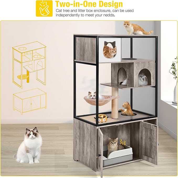 Aivituvin Cat Litter Box Enclosure, Litter Box Furniture Hidden, Wooden Cat Washroom Furniture, Indoor Cats House with Condo, Hammock, Scratching Mat and Storage Shelves-Greige