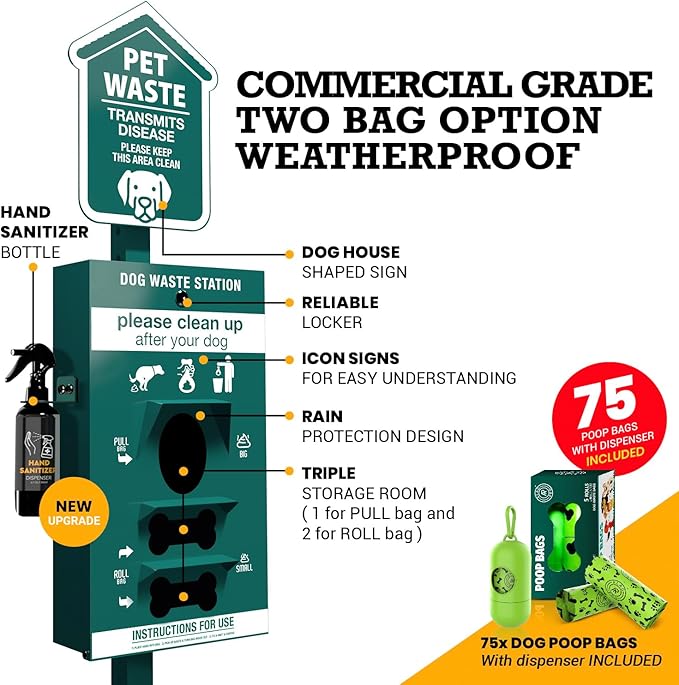 ALAGPRO® Pet Waste Station Outdoor Dog Waste Station with Hand Sanitizer Bottle, Commercial Dog Poop Station with Free 400 Roll, 200 Pull Waste Bags & 50 Can Liners for Backyard, Park & HOA's