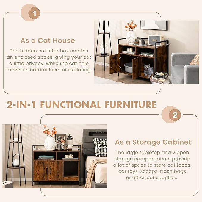 Giantex Cat Litter Box Enclosure - Cat Washroom Hidden Furniture with Front Entry, Scratcher, 2-Door Storage Cabinet, 2 Compartments, Air Vents, Metal Frame, Wooden Pet Crate House (Rustic Brown)