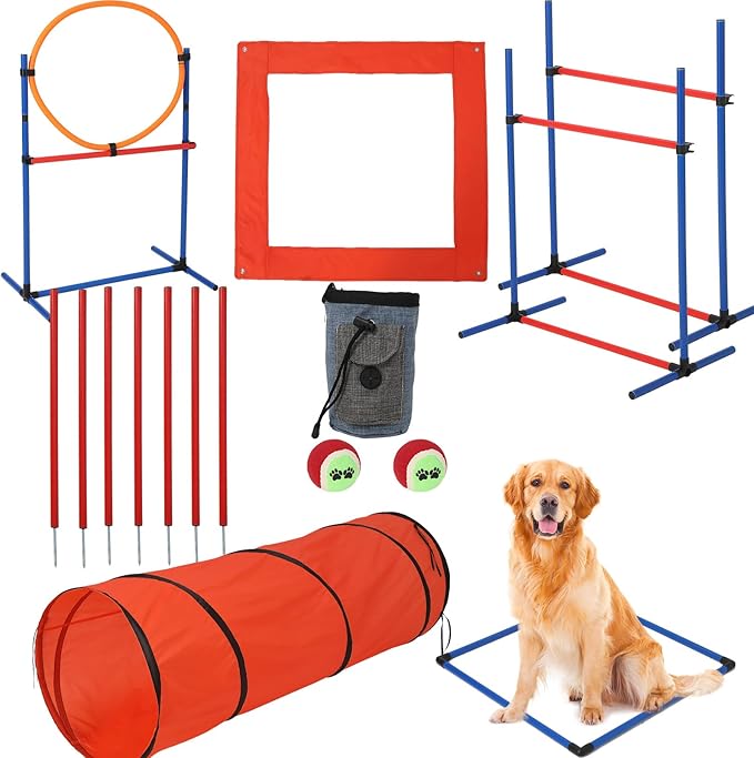 CuisinSmart Dog Agile Course Backyard Set, Dog Obstacle Course Backyard with 2-Set Agility Hurdle,Jump Ring, Tunnel, Pause Box, 8 Weave Poles, Toy Balls & Portable Storage Bags,Dog Agility Equipment