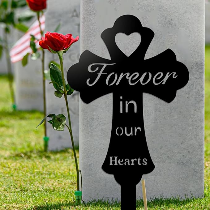 Grave Decorations for Cemetery: Forever in Our Hearts Metal Pet Grave Marker - Cross Sympathy Memorial Stake for Outdoor. Ideal Gifts to Honor The Memory of Departed Loved Ones(9.8 x 5.6'')