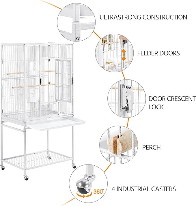 Topeakmart 54-inch Flight Bird Cage with Stand Wrought Iron Bird Cage for Parakeets Parrots Green Cheek Conures Budgies Finches, White