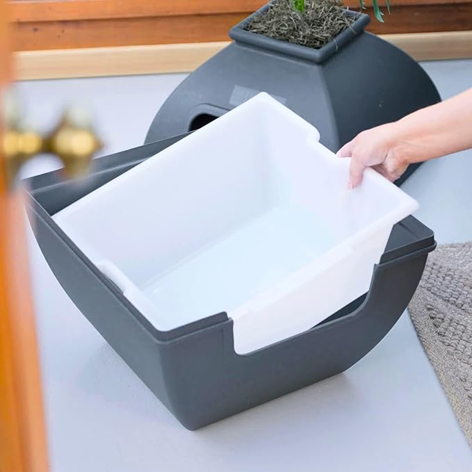 Good Pet Stuff Hidden Litter Box Planter, Decorative Cat Litter Enclosure with Carbon Filter, Artificial Plant, Easy Clean, Indoor Design, Courtyard Square Style, Essentials Kit, Black Suede