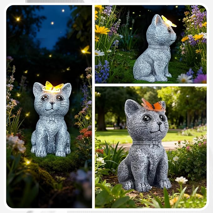 Solar Cat Garden Statues Outdoor Decor with Butterfly for Waterproof Yard Lawn Patio Balcony Porch Home Decor, for Mom Grandma Women Housewarming