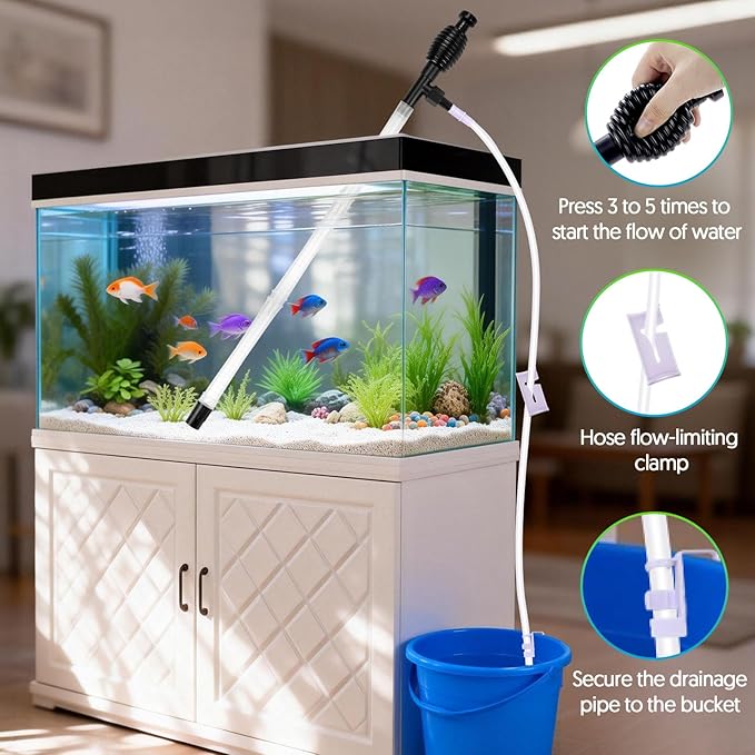 Fish Tank Cleaner Gravel Vacuum for Aquarium Water Changer Aquarium Siphon with Double Sided Sponge Brush Algae Scraper Fish Tank Cleaning Kit for Cleaning Gravel & Sand (Black)
