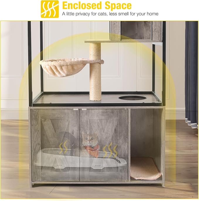 Aivituvin Cat Litter Box Enclosure, Litter Box Furniture Hidden, Wooden Cat Washroom Furniture, Indoor Cats House with Condo, Hammock, Scratching Mat and Storage Shelves-Greige