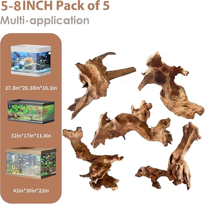 Jorewood Natural Small Aquarium Driftwood for Fish Tanks & Reptile Terrariums – 100% Safe Fish Tank Decorations, Unique Twisted Branches 5-Piece 4-8 Inch Low Tannin, Easy to Sink