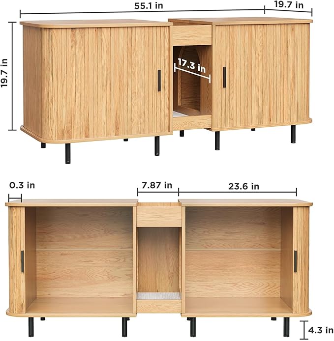 Double Litter Box Enclosure for 2 Cats, 55" Litter Box Furniture Hidden with Cat Scratch Pad, Large Indoor Cat House with Double Room, Wooden Litter Box Cabinet, TV Stand, Natural