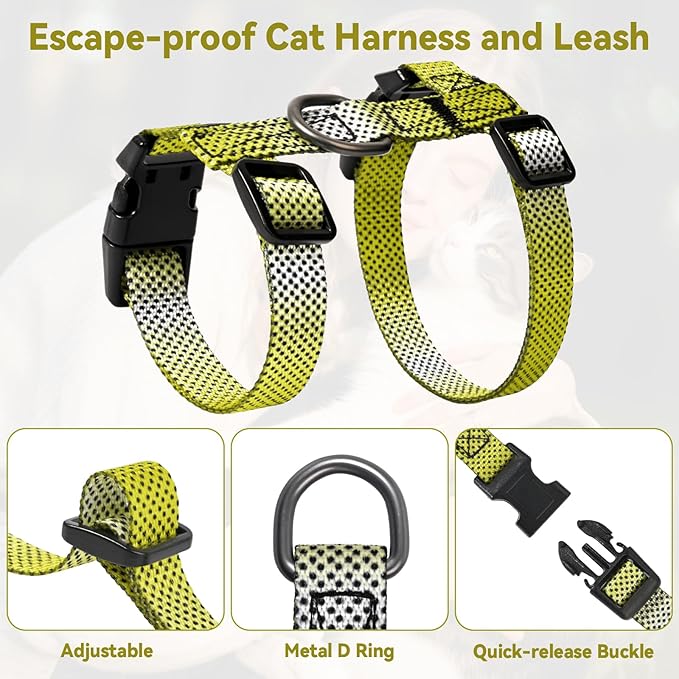 Cat Harness and Leash Set, 3-in-1 Escape Proof Adjustable, Comfortable Soft Lightweight, Safe, Easy to Wear, Walking Travel Kitten Harness for Small Medium Large Cats (Yellow)
