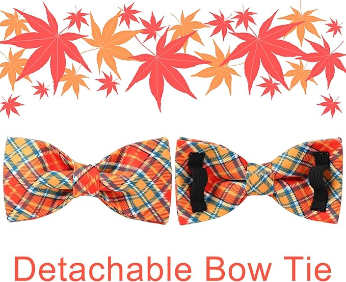 Autumn Plaid Dog Collar and Bow Tie Set – Orange Yellow Checkered Adjustable Fall Collar with Maple Leaf Charm for Small Medium Large Dogs, Soft Cotton Pet Collars with Buckle and D-Ring