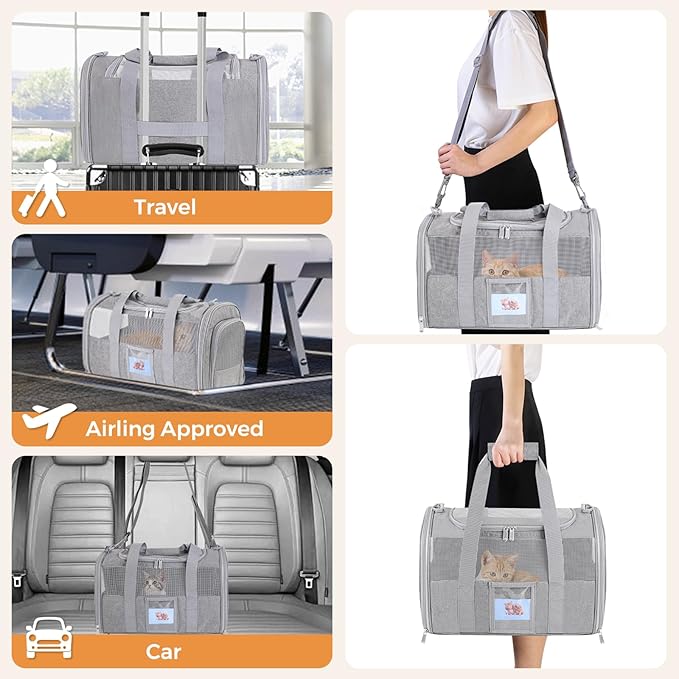 Soft Cat Carrier for Pets Up to 15 lbs, TSA Approved for Airline in-Cabin, Cat Travel Bag with Detachable Cat Food Bowl, Pet Carriers for Small Dogs, Waterproof Travel Puppy Carry, Gray