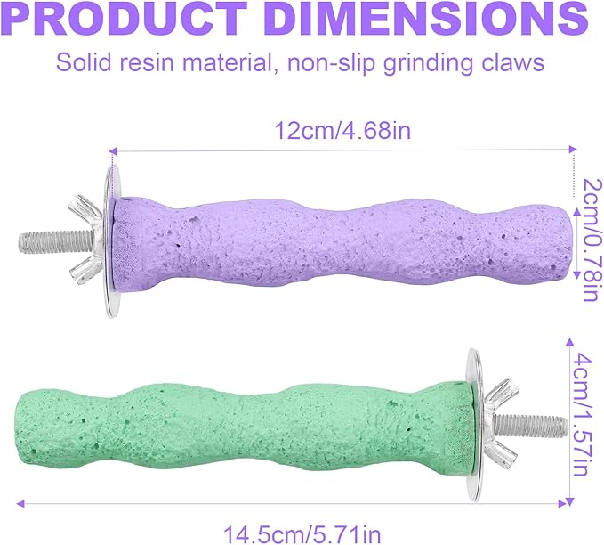2pcs Bird Beak Grinding Stone, Resin Anti-Slip Beak Grinder Stone Bird Nail Trimming Claw Trimmer Perches Parrot Cage Stand Toys for Budgie Cockatiel Conure Parakeet Cage Accessories (Green, Purple)