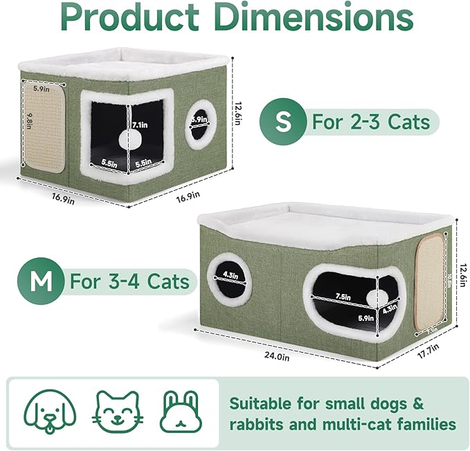 Cat Beds for Indoor Cats, Extra Wide Cat Cube House for Multi Cats, Foldable Cat Cave Hideaway with Arc-Edge Design & Oval Door, Double-Side Soft Cushion for All Seasons, 24"L x 17.7"D x 12.6"H, Green