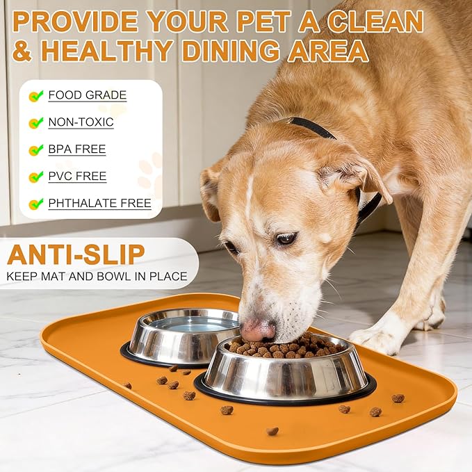 Silicone Pet Food Mat with Raised Edge for Food and Water Bowl, Dog Feeding Mats, Cat Food Trays for Floor Waterproof, Rubber Tray for Dogs and Cats, 24 x 16 x 0.8 Orange