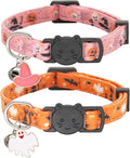 Halloween Cat Collar, Cotton 2 Pack Cat Collar with Bells, Breakaway Collars for Girl Boy Cats Kittens, Halloween Pink