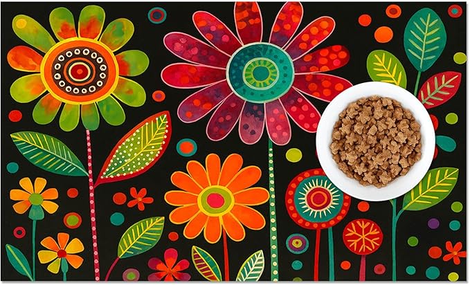 Vibrant Flower Pattern Pet Food Mat Spill-Proof Cat Feeding Mats Non-Slip Mat for Dog Food and Water Bowls Trendy Easy Clean Fast Dry Cat Food Mats for Indoor Cats 20" x 12"