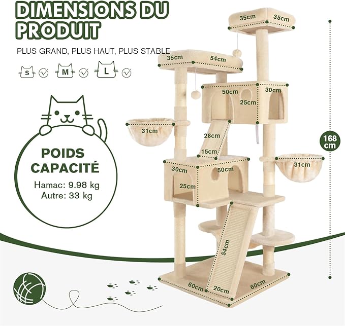 MUTICOR 66 Inches Multi-Level Large Cat Tree Tower for Indoor Big Feline/Cozy Plush Perches/Condo/Sisal Scratching Posts/Hammock and Baskets/Activity Center Play House/Wide Base/Beige