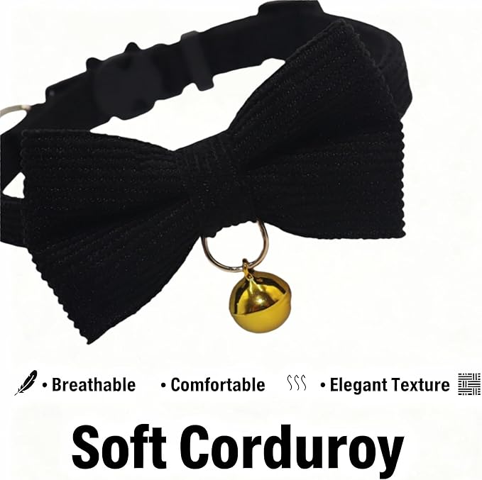THAIN Cat Collar with Bow Tie and Bell, Breakaway Adjustable Cute Soft Corduroy Kitten Collars Safety Buckle for boy Cats(Solid Black)