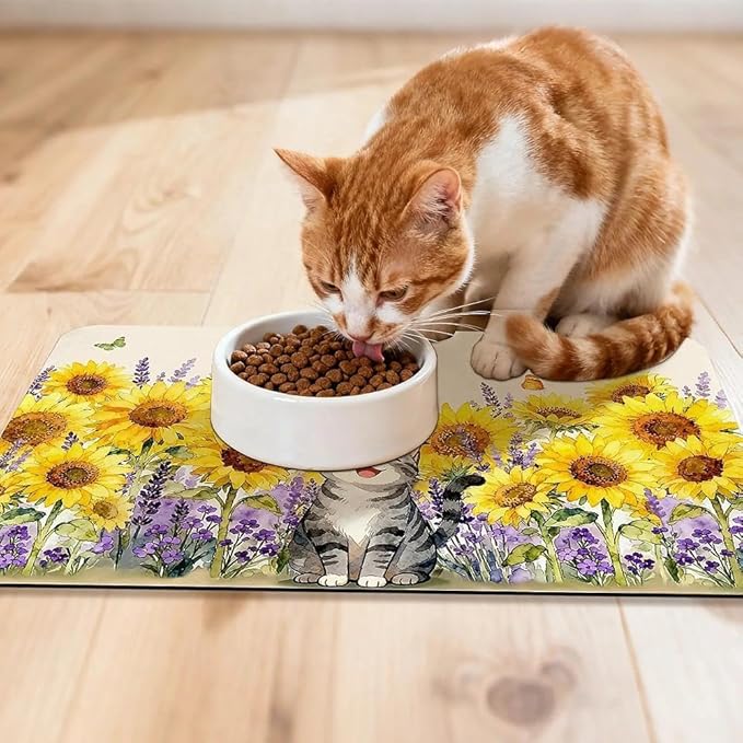 Dog Food Mat for Pet Cat Food Mat, Sunflower Absorbent Quick Dry Dog Bowl Mats for Food and Water, Non-Slip Cat Pet Feeding Mats for Floor Placemats 12"x20"