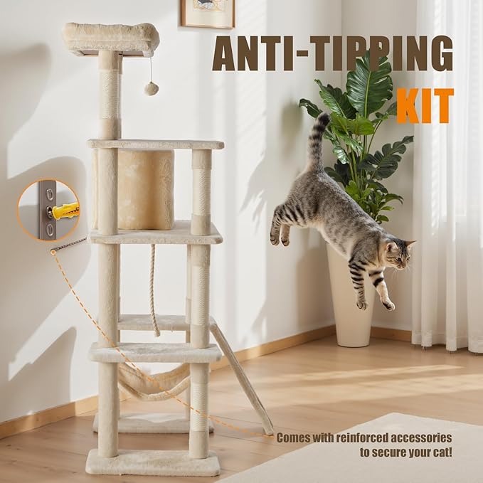 Large Cat Tree 63 Inch, Multi-Level Tall Cat Tree Tower with Condo, Perch, Sisal Scratching Posts Board and Hammock, Pet Play House with Dangling Balls for Indoor Cats, Beige