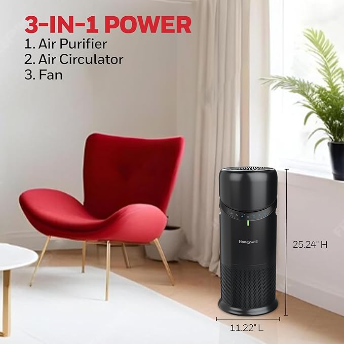 Honeywell Allergen Plus™ 3-in-1 HEPA Air Purifier, Fan & Air Circulator, 1928 Ft² Rooms in 1 hour, Air Quality Sensor, Sleep Mode, Reduces Allergens, Pet Dander, and Odors, Black, HPA6000B