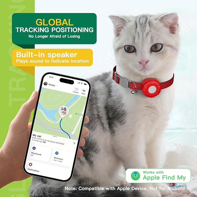 Cat GPS Tracker for Cats, Waterproof Pet GPS Tracker,Compatible with Apple Find My App (Only iOS), No Monthly Fee, Red