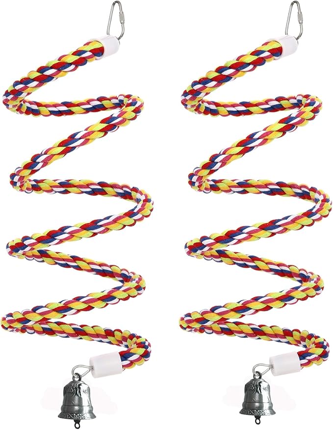 2Pcs 43'' Bird Rope Perches Birdcage Swing Toys 100% Cotton Natural Bird Perch Peck/Chewing with Vintage Bell Climbing Standing Bungee Parrot Toys for Small to Regular Size Parrot Cockatiel Birds