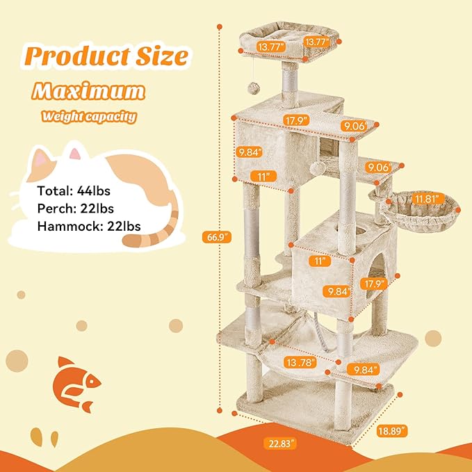 Sweetcrispy 66 Inch Cat Tree Tower, Multi Level Cat Climbing Tower with Natural Sisal Scratching Posts, Hammock, Pet Condo for Indoor Cats and Kittens Play, Beige