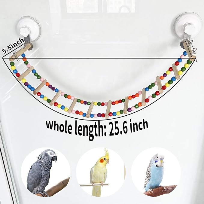 FlidRunest Suction Cup Wooden Bird Perch Stand Toy, Colorful Bird Parrot Ladder Bridge Toys for Window/Bath/Car, Climbing Ladder for Parrot, Lovebird, Parakeet, Budgie