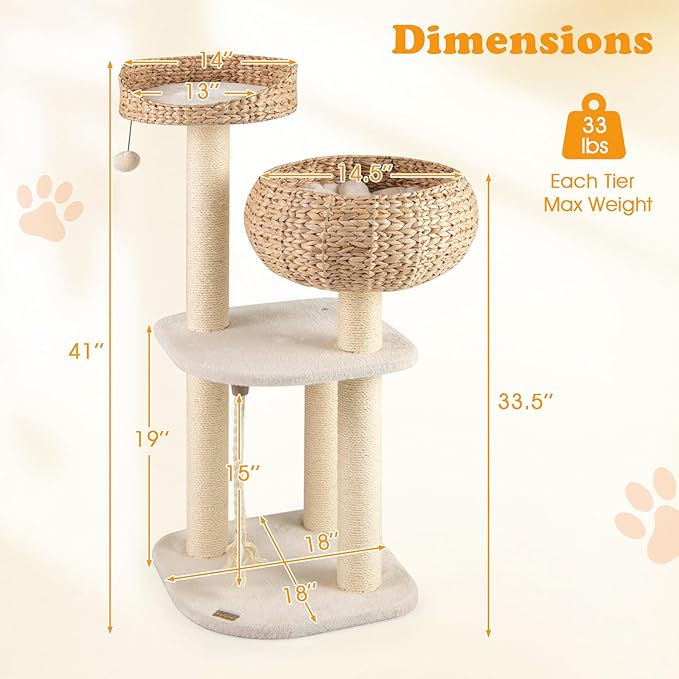 PETSITE 41 Inch Modern Cat Tree for Indoor Cats, Multi-Level Cute Cat Tree with Scratching Posts, Hand-Made Wicker Cat Condo & Top Perch, Dangling Ball, and Sisal Rope, Beige