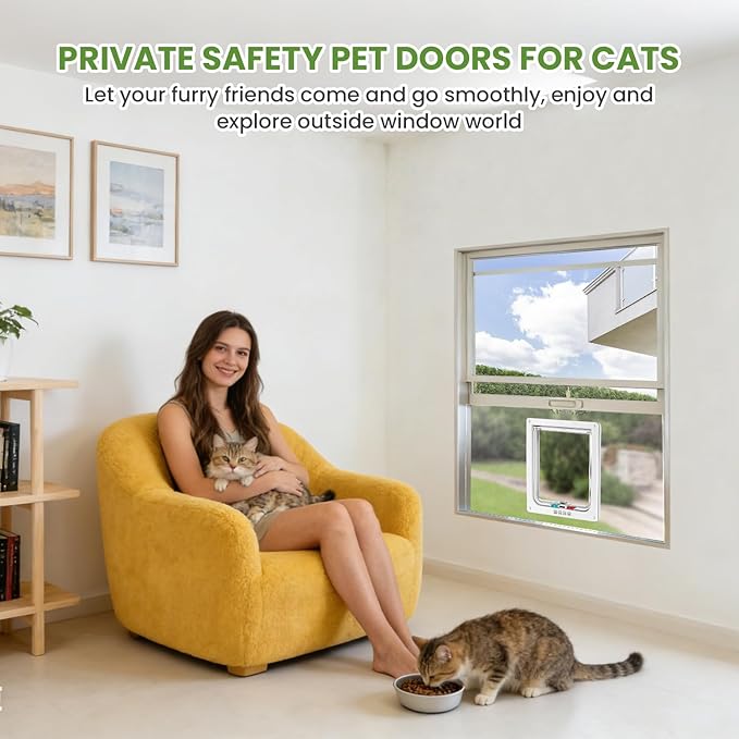Cat Door for Window, 4 Locking Modes for Safety Cat Window Door, Fits 14"-24" Width Window, Durable Weatherproof design Cat Door, Magnetic Closure, Wider View, Pet Door With Safe & Comfortable for Cat