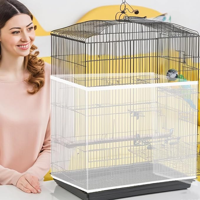 Universal Bird Cage Cover Skirt - Adjustable Soft Airy Nylon Mesh Net, Seed Catcher, Guard for Parrot, Parakeet, Macaw - Round & Square Cages (White)