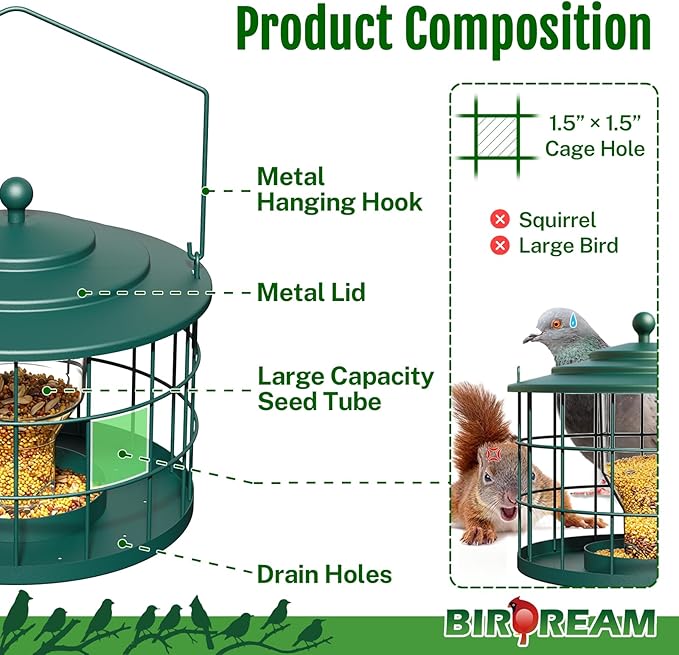 Squirrel Proof Bird Feeder, Metal Cage Bird Feeder for Outdoors Hanging, Starling Resistant Design for Small Birds, Weatherproof with Drain Holes, Easy to Refill, Green