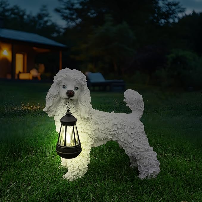 Poodle Statue Outdoor Decorations – Dog Statues Outdoor Standing White Poodle with Removable Solar Light & Welcome Sign for Lawn Décor