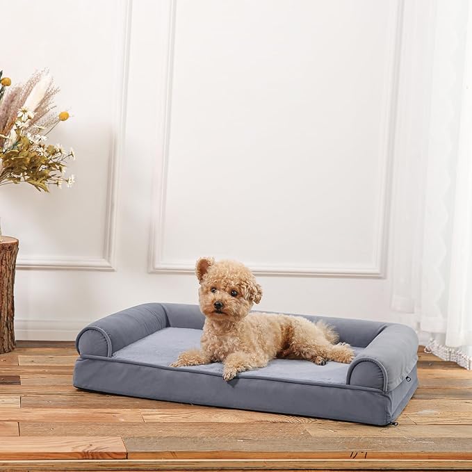 Amazon Basics Living Room Couch Dog Bed with Premium Foam, Non-Slip Bottom, Removable Washable Cover, Supportive Pressure-Relief for Dogs up to 30lbs, Medium (30" x 20"), Grey