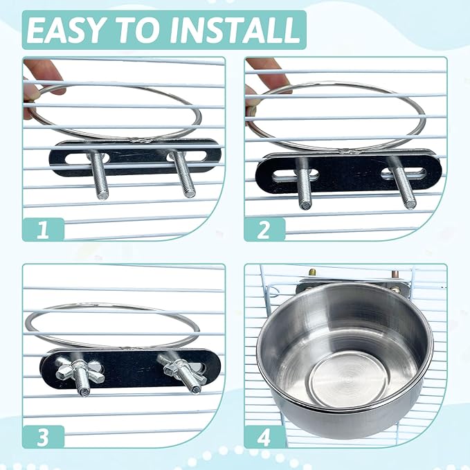 PINVNBY Stainless Steel Bird Bowl Parrot Food Water Bowls with Clamp Holder Bird Feeder Dish Cups Crate Bowls for Cockatiel Pigeons Conure Budgies African Greys (2PCS Screw Size: M)