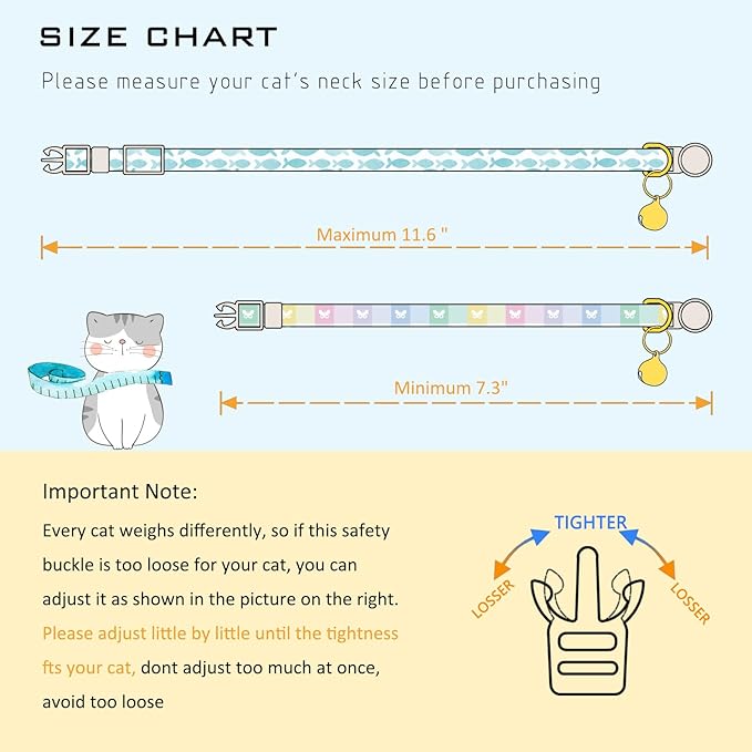 Faygarsle 2 Pack Plaid Butterfly Fish Pattern Cat Collars Breakaway Safety Collar with Bell Spring Summer Design for Girl Cats,Blue Multicolor