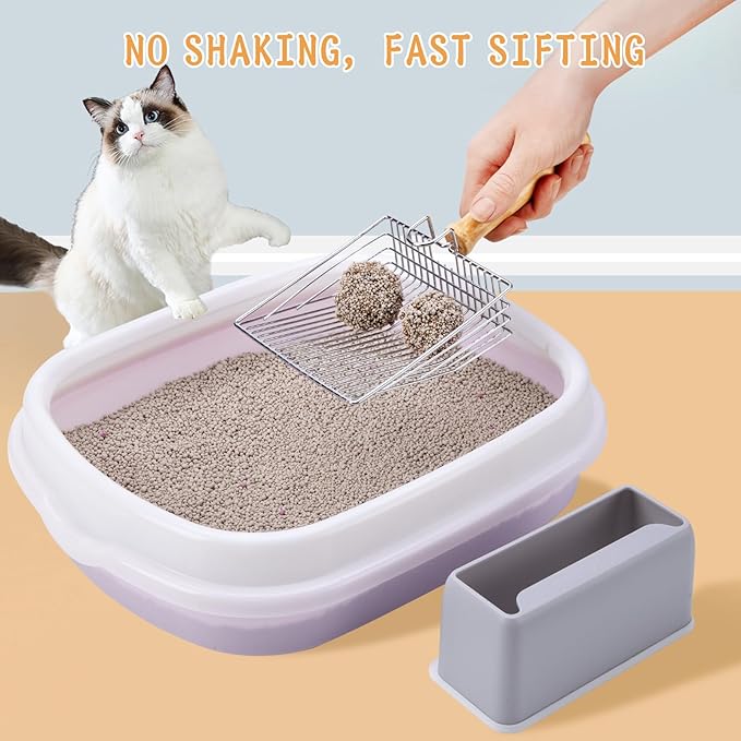 DHXYZZB Metal Cat Litter Scoop - Heavy Duty Litter Scooper & Speed Sifter with Comfortable Wood Grip - Washable Convenient Stand for Easy and Efficient Cleaning