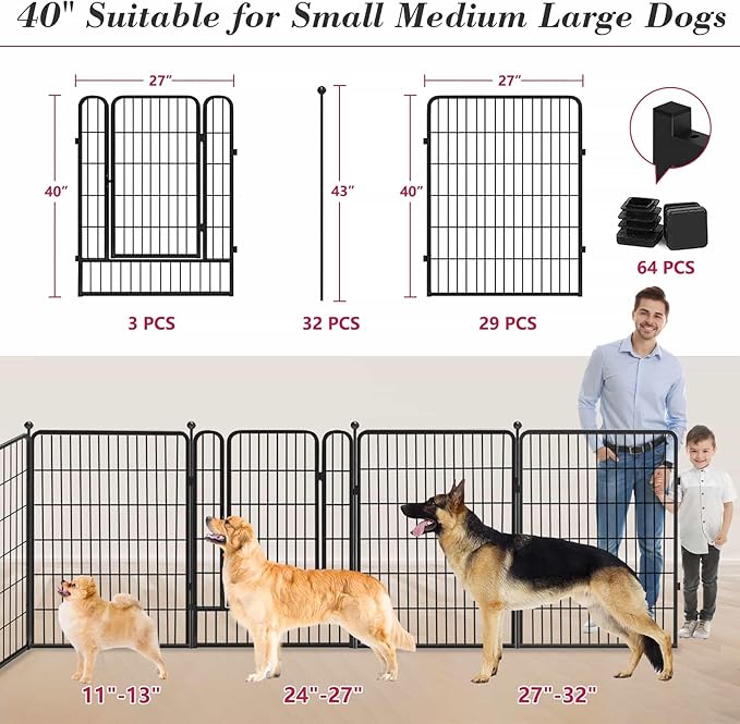 Dog Playpen 40 inch 32 Panels Indoor Outdoor Dog Pen for Large/Medium/Small Dogs Heavy Duty Metal Dog Fence Outdoor for Yard, Puppy Playpen with Door Portable Pet Fence for RV Camping Yard