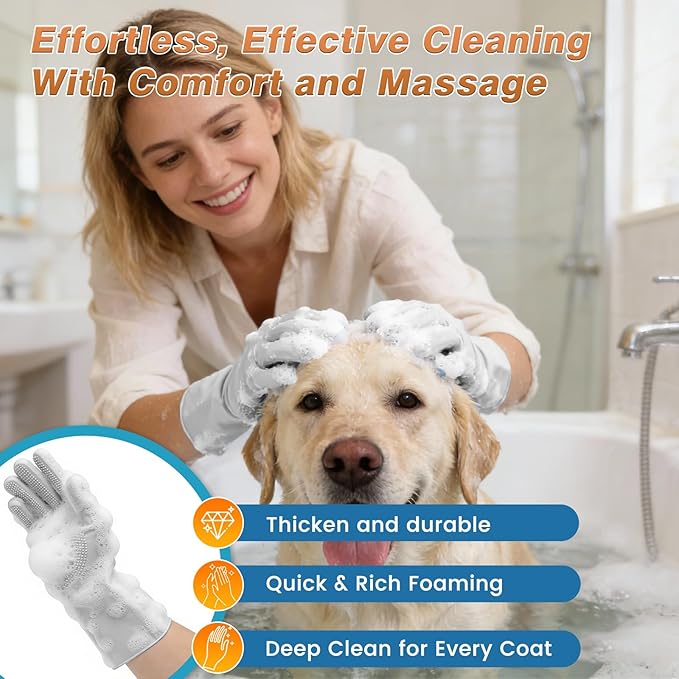 7PCS Pet Grooming Kit for Dogs and Cats，with Storage Bag & Includes Dog Washing Gloveswith High-Density Teeth, Adjustable Handle Dog Shampoo Brush, Dog Finger Toothbrush (Gray)