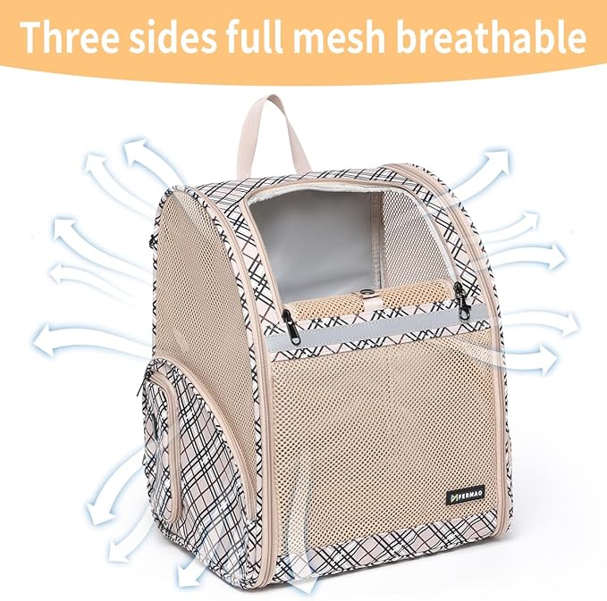 Cat Backpack Carrier for Small Dogs and Medium cat Puppy Kitten Bunny Pet Carrier Backpack Collapsible with Fully Ventilated Mesh with Safety Leash (Khaki, 12.9" L x 10.62" W x 15.5" H - M)