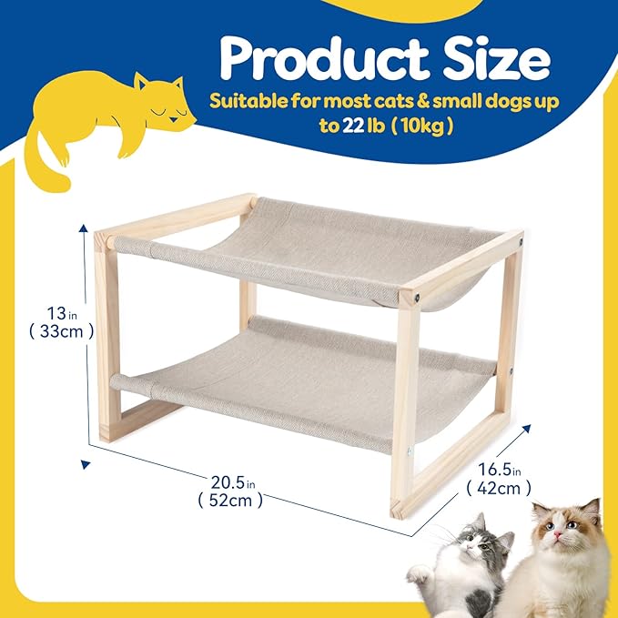 Cat Hammock, Double Layer Wooden Bed for Indoor Cats, 2 Tier Elevated Cat Bed with Breathable & Washable Covers, Sturdy Natural,20 x 16.5 x 13 Inch