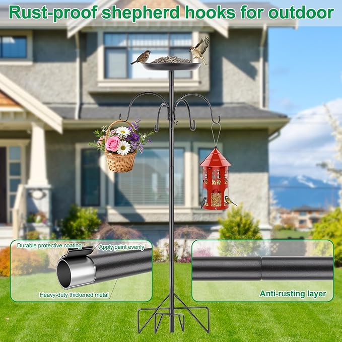 4-Hook Shepherds Hooks for Outdoor, 103" Heavy Duty Bird Feeder Pole with 5 Prongs Base, Adjustable Garden Hook for Plant Baskets, Hummingbird Feeder, Lantern, Solar Light, Garden Hook for Outside