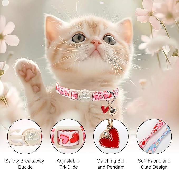 2 Pack Valentines Cat Collars - Valentine Breakaway Cat Collar with Bell, Pink and Red Heart Pendant, Adjustable Kitten Collars for Girl Boy Cats, Sweet Hearts