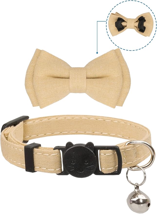 Collar for Cat Pet Breakaway with Bell Bowtie Detachable Bow Adjustable Safety Kitten Puppy Girl Boy 2pcs Beige Leopard & Pure