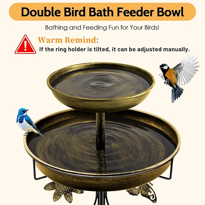 Daoeny Bird Bath for Outside, 42In Vintage Freestanding Birdbaths for Outdoors, Double Metal Bird Bath Feeder Bowls for Garden Patio Yard Lawn Decor, Upgraded 5-Pronged Base (Antique Golden)