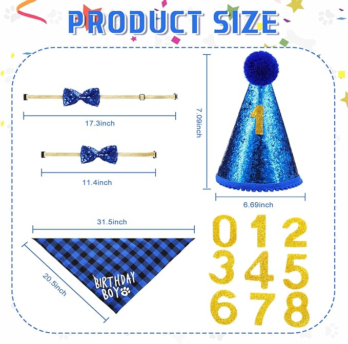 Weewooday Dog Birthday Party Supplies Birthday Boy Girl Cake Bandana Triangle Scarf Party Hat Dog Bow Tie Collar with Numbers for Large Medium Small Dog Puppy 1st Birthday(Elegant Style,X-Large)